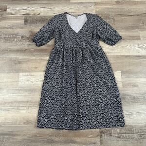 ASOS Floral Midi Dress Black White V-Neck Puff Sleeve Soft Grunge Size 8